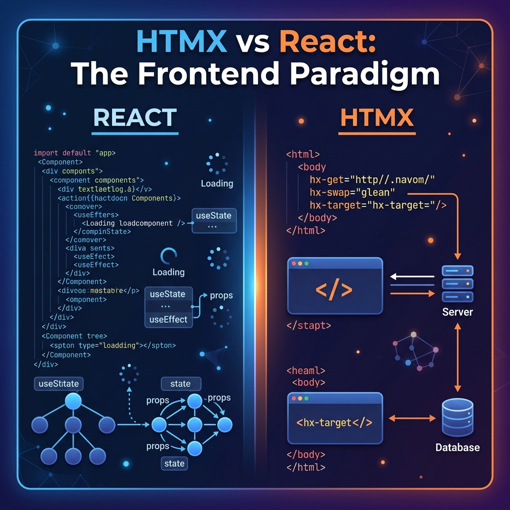 HTMX vs React Split Screen Comparison Banner
