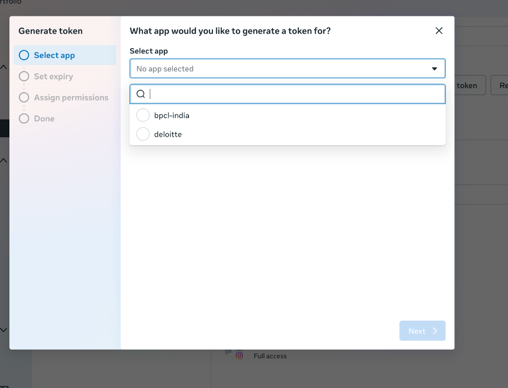 Select App step during token generation