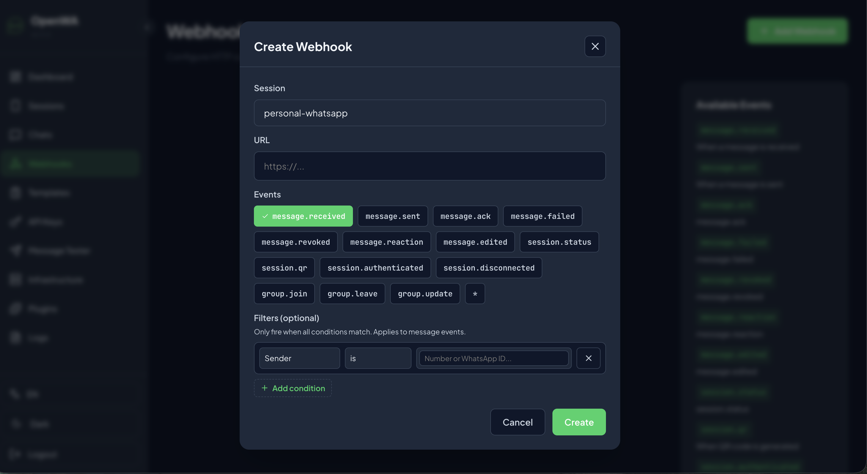 OpenWA Webhook Filtering