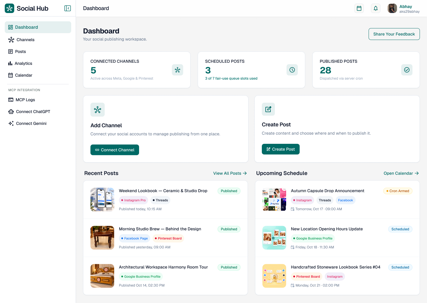 SocialHub dashboard showing five connected channels, scheduled post queue usage, published posts and upcoming campaigns