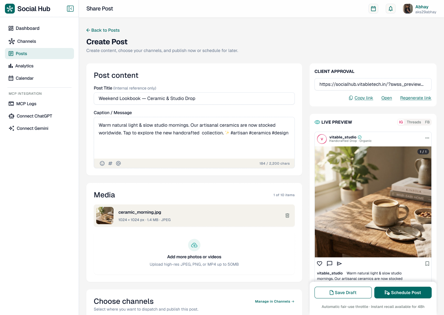 SocialHub post composer with caption editor, media upload, client approval link and live Instagram preview