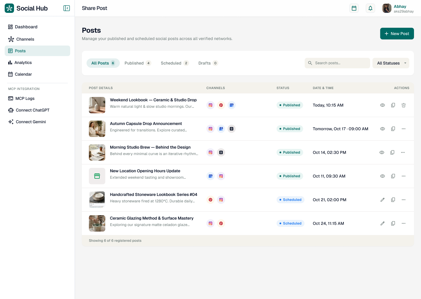 SocialHub posts table showing published and scheduled campaigns across Instagram, Pinterest, Facebook, Threads and Google Business Profile